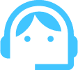 Blue icon of a person with a headset, depicting customer service or support.