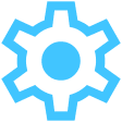 Blue gear icon on a black background.