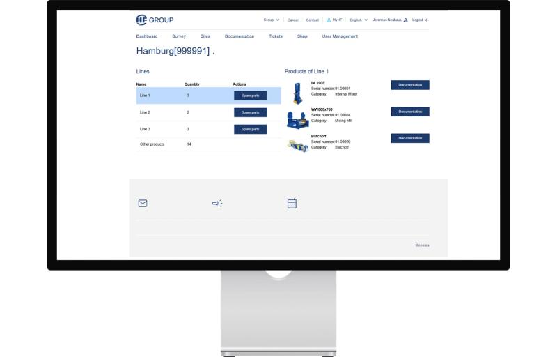 A computer screen displaying a website interface with lines and product details, including names, quantities, actions, and documentation links.