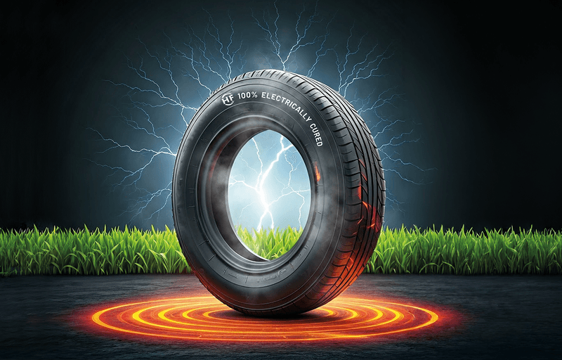 Car tyre with glowing energy effects on a dark background.