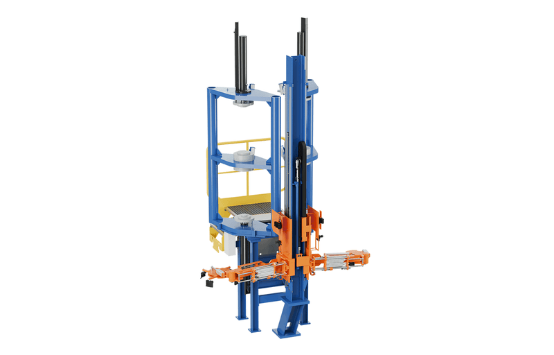 Vertical tyre curing press with lifting ram, platforms, and side tooling arm.