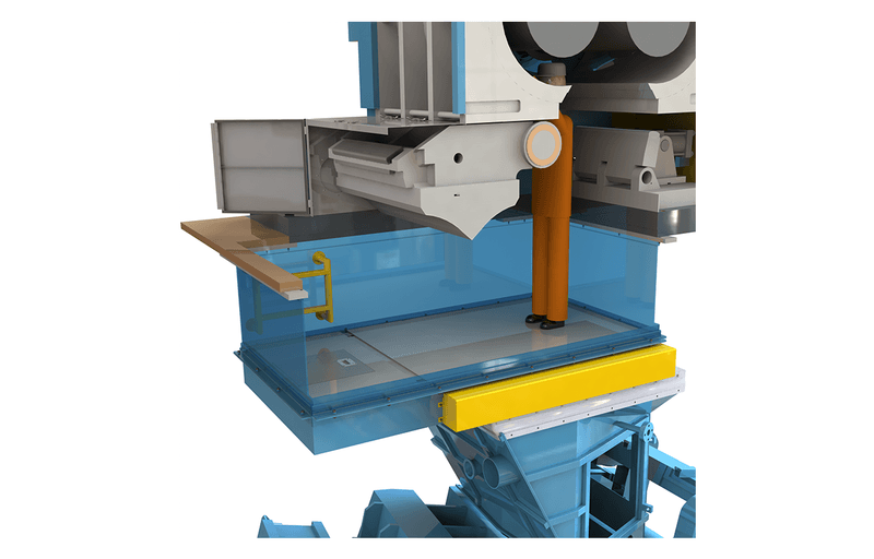 Machine section with metal housing, chute area, and blue lower frame.