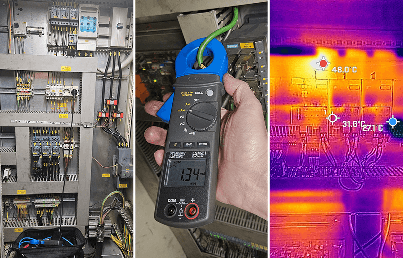 Electrical control panel, a person holding a digital clamp meter with a reading of 134, and a thermal image showing temperatures of 48°C and 31.6°C.