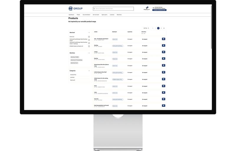 A computer screen displaying a product range page of an HF Group website, featuring product categories, merchants, and details.