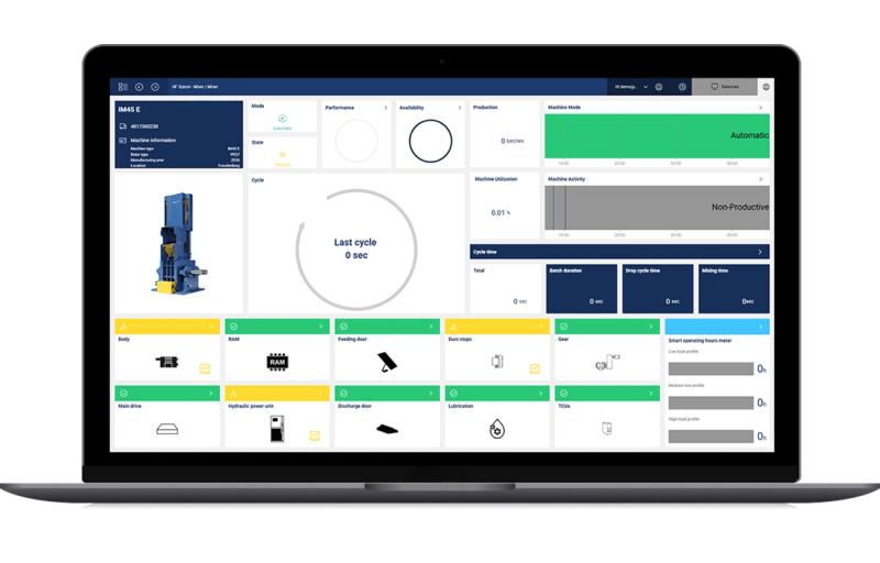 A laptop screen displays a machine dashboard interface with status indicators, cycle time, and performance analytics for industrial equipment.