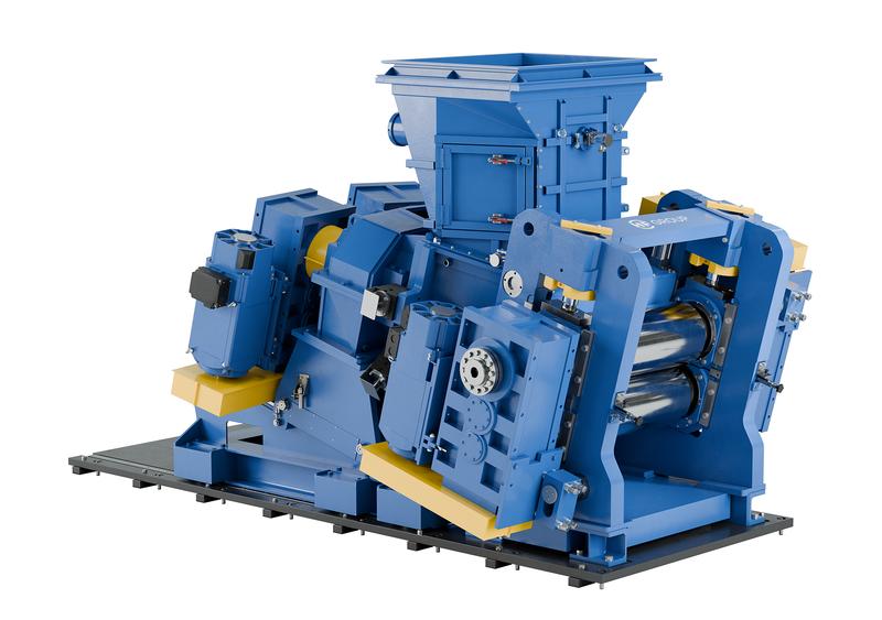 Blue twin-screw extruder with hopper inlet, rollers, and complex mechanical assemblies.