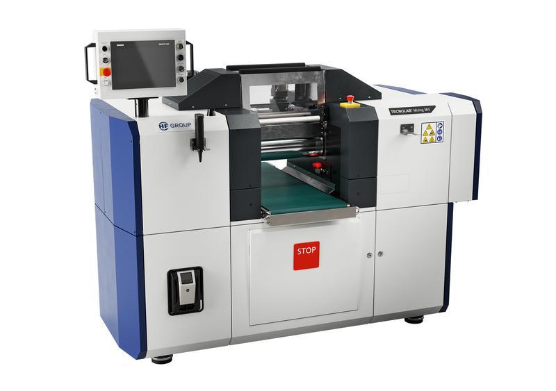 Compact laboratory mixing mill with rollers, control panel, and central feed area.