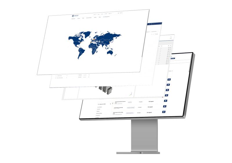 A digital representation of multiple layered software interfaces on a monitor, featuring a world map, data tables, and interactive elements.