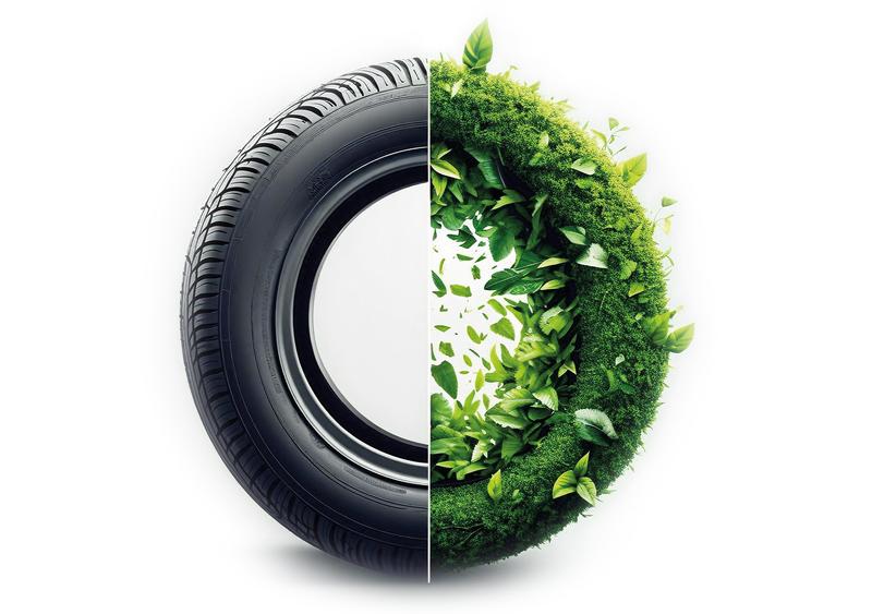 Half tyre graphic combined with green plant imagery.