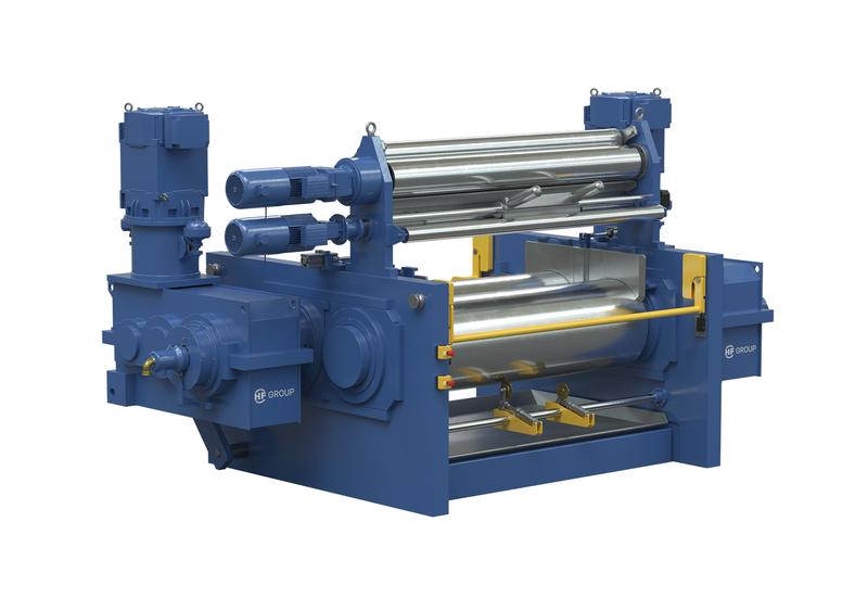 Blue mixing mill with three large rollers and side-mounted drives.