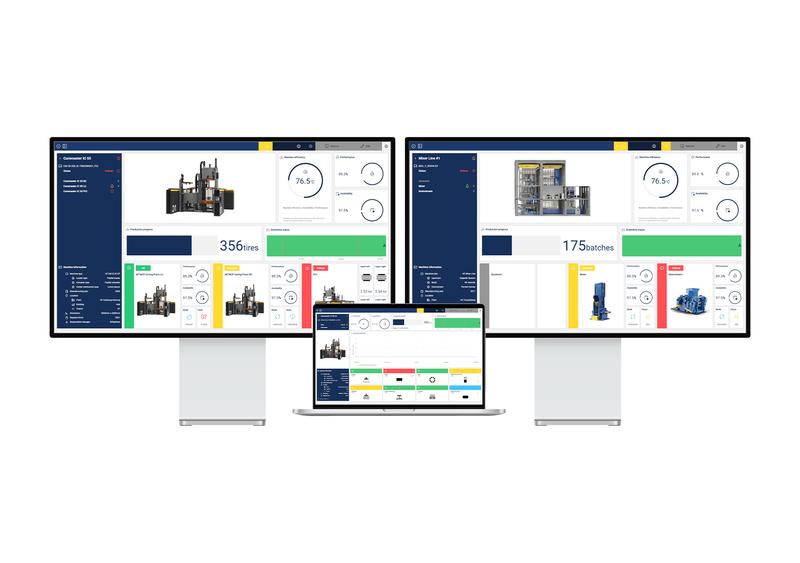 Multiple monitors with digital dashboard and machine visualisation.
