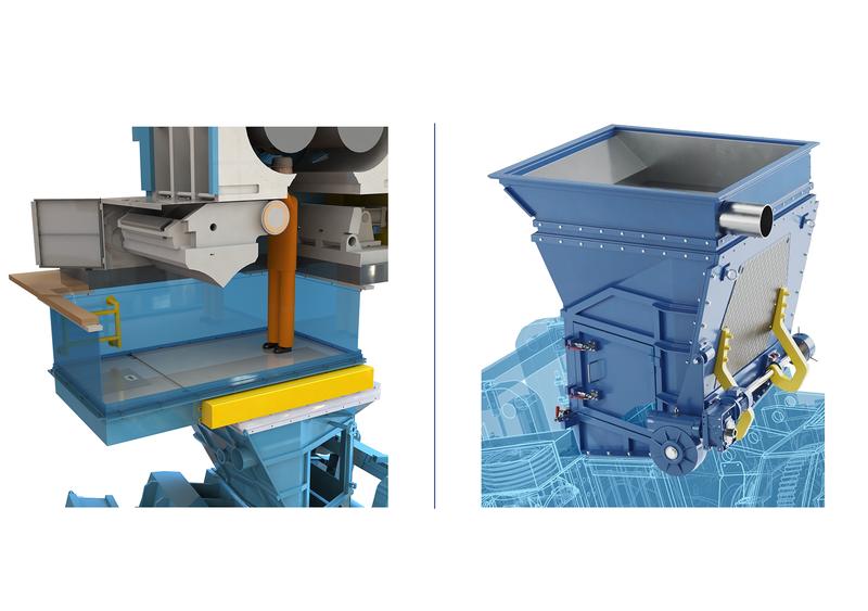 Left: Machine section with metal housing, chute area, and blue lower frame.
Right: Blue hopper unit with side pipe connection and technical mounting elements.

