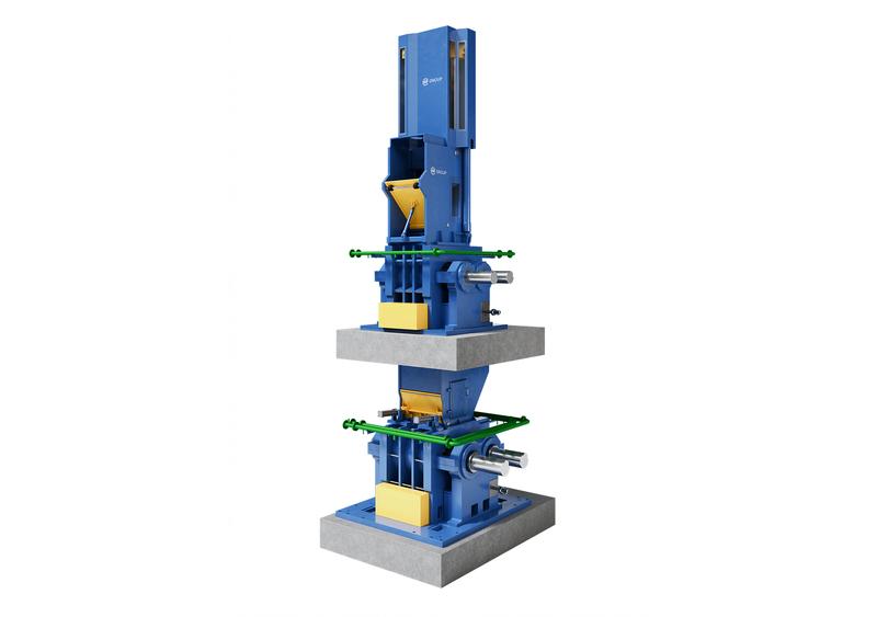 Tall blue industrial mixer with two levels.