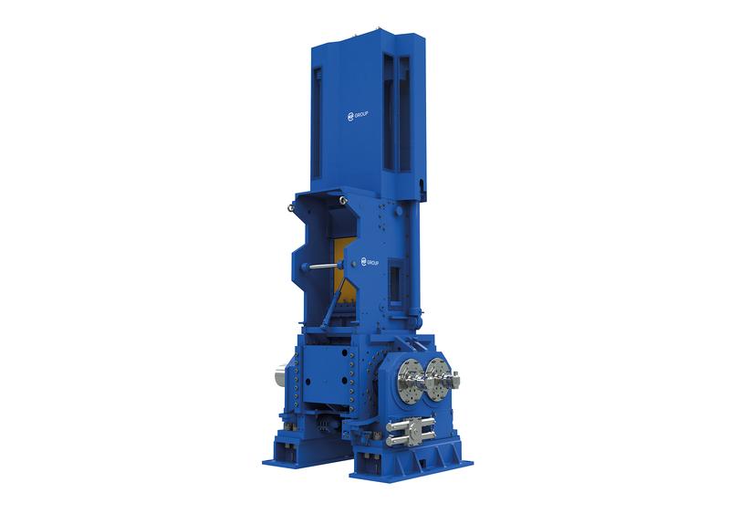Large blue tangential mixer with high structure and visible mechanical components.