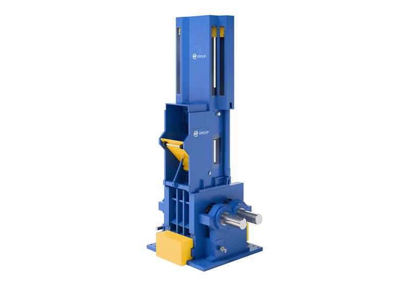 Tall blue industrial mixer with a filling funnel and metal shafts protruding from the sides.