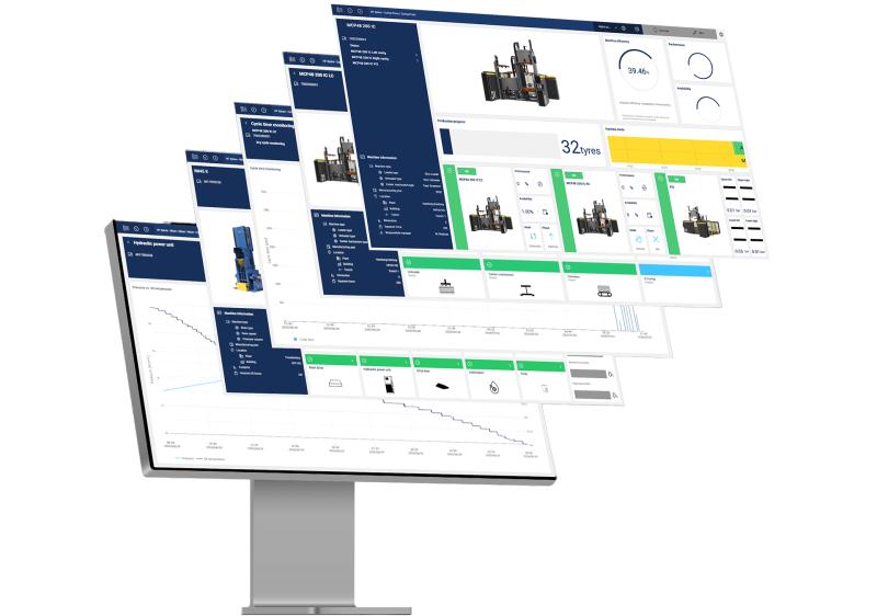 A computer monitor displaying layered industrial machine monitoring dashboards with charts, graphs, machine images, and performance data.