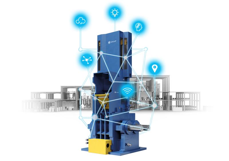 Blue industrial mixer in front of a mixing room with a digital network and blue symbols for networked functions.