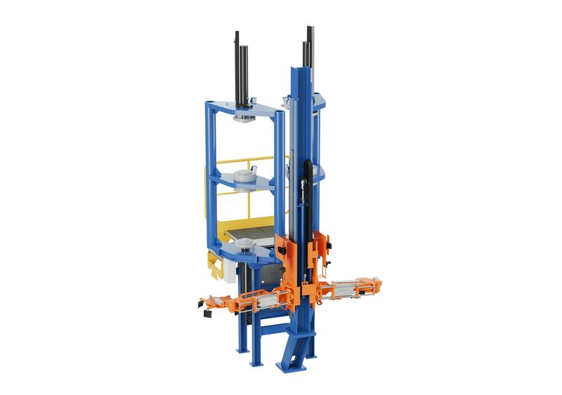 Vertical tyre curing press with lifting ram, platforms, and side tooling arm.