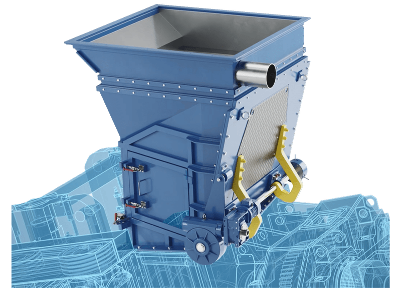 Blue hopper unit with side pipe connection and technical mounting elements.