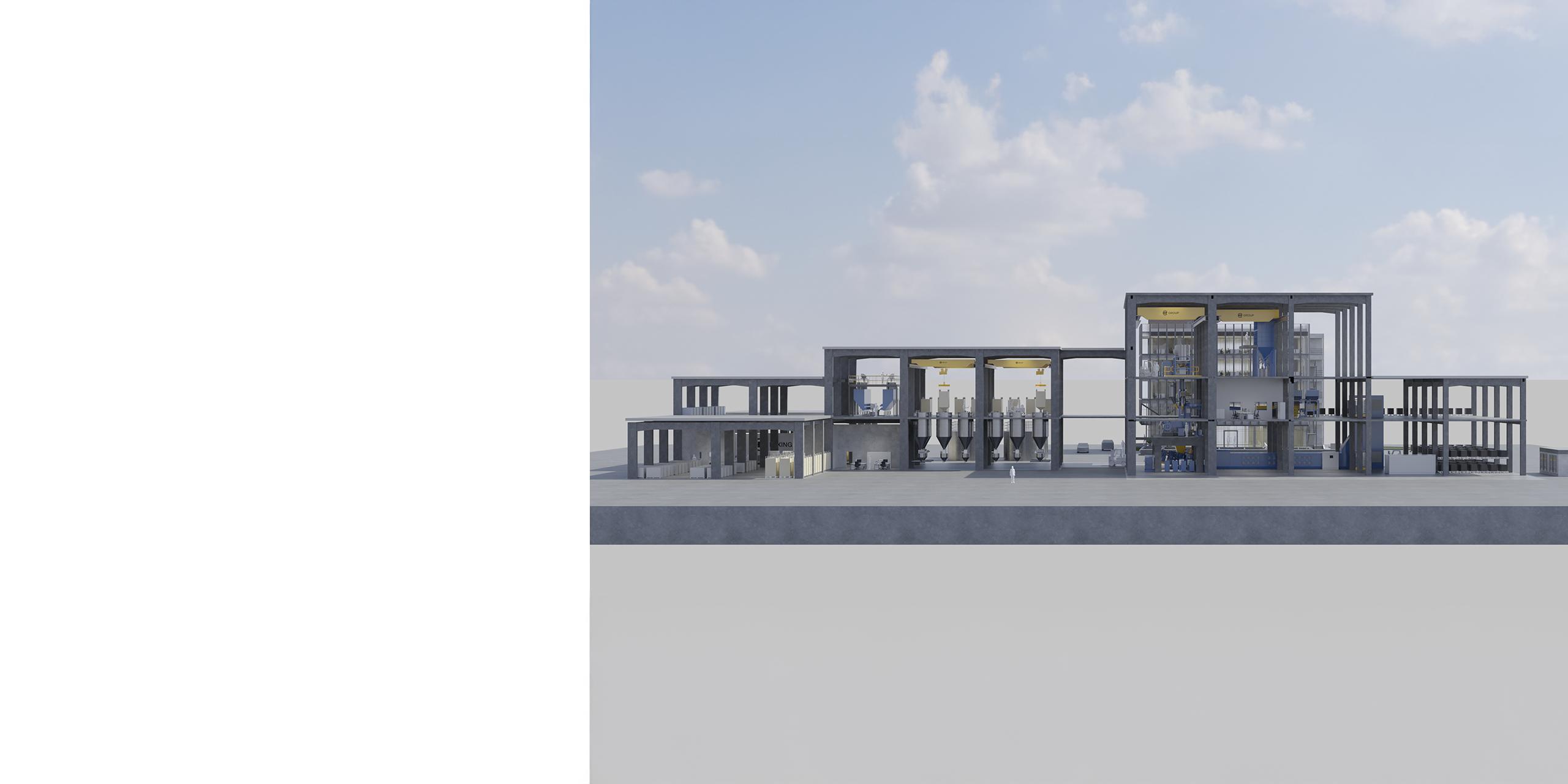 Side view of mixing room with large process areas, silos and numbered modules.