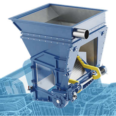 Blue industrial hopper feeder with angled sides, integrated rollers and chute, mounted on a mechanical base with visible drive components and support frame.