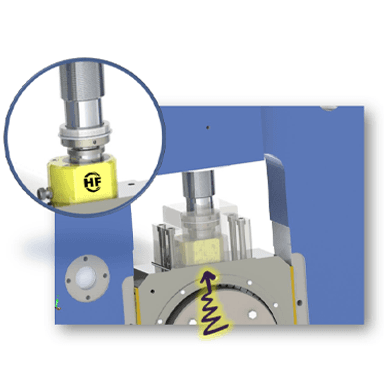Hydraulic cushion upgrade on industrial press, showing cylinder and mounting assembly with highlighted force direction and inset detail of connection component.