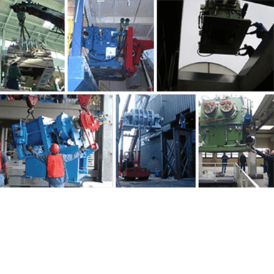 Multiple lifting and installation scenes: cranes move large machine units while technicians install and position heavy industrial equipment on site.