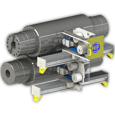 3D rendering of an industrial machine with rollers and feed unit.
