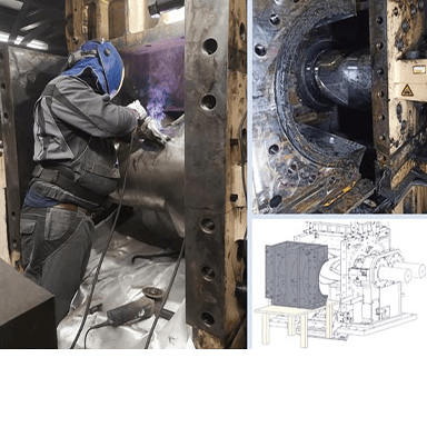 Technician welding on large industrial machine; beside it a close-up of a worn machine opening and a technical drawing.