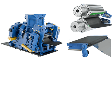 Industrial blue extruder with metal rollers and conveyor system, shown alongside detailed close-ups of cylindrical components and belt section.