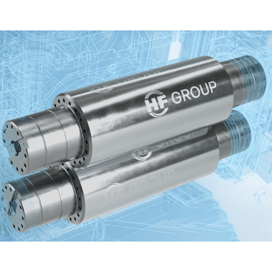 Polished industrial roller cylinders with HF GROUP branding, shown in parallel with reflective surface