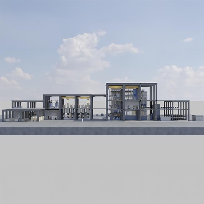 Side view of mixing room with large process areas, silos and numbered modules.