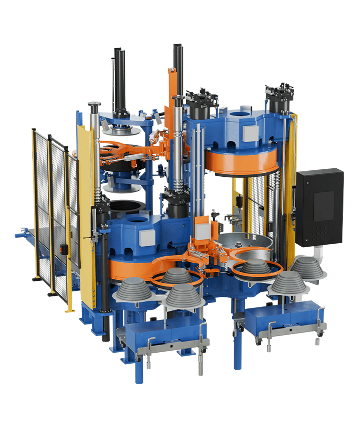 Multi‑station tyre curing press with four molds and central lifting mechanisms.
