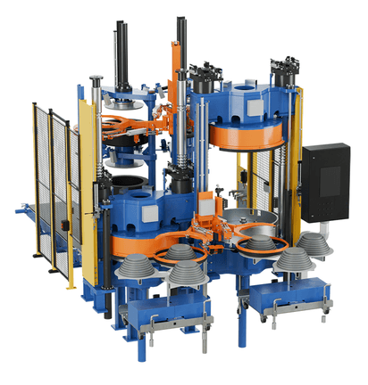 Multi‑station tyre curing press with four molds and central lifting mechanisms.