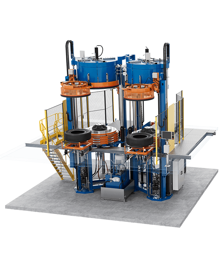 Tyre curing press with two pressing stations, lifting systems and mounted tyre moulds.