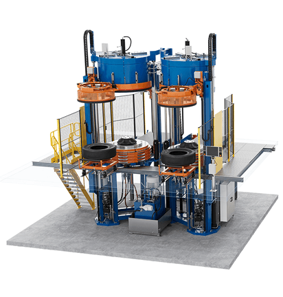 Tyre curing press with two pressing stations, lifting systems and mounted tyre moulds.