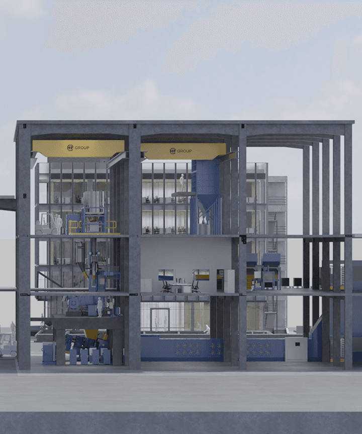 Side view of mixing room with large process areas, silos and numbered modules.