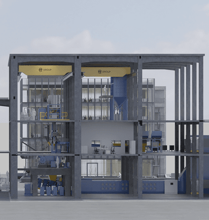 Side view of mixing room with large process areas, silos and numbered modules.