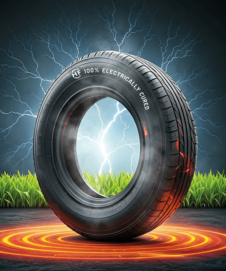 Car tyre with glowing energy effects on a dark background.