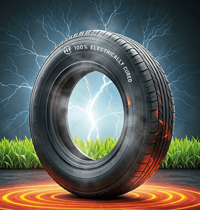 Car tyre with glowing energy effects on a dark background.