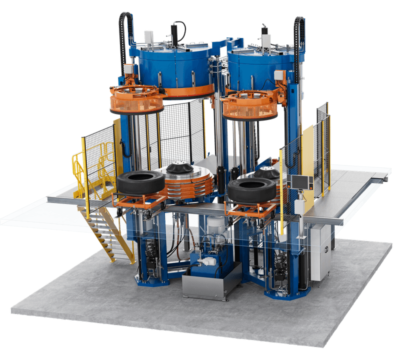 Tyre curing press with two pressing stations, lifting systems and mounted tyre moulds.