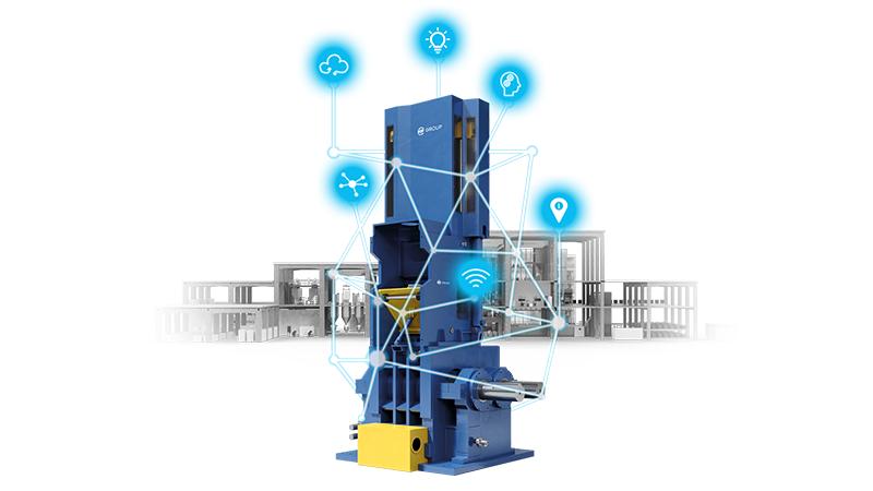 Blue industrial mixer in front of a mixing room with a digital network and blue symbols for networked functions.