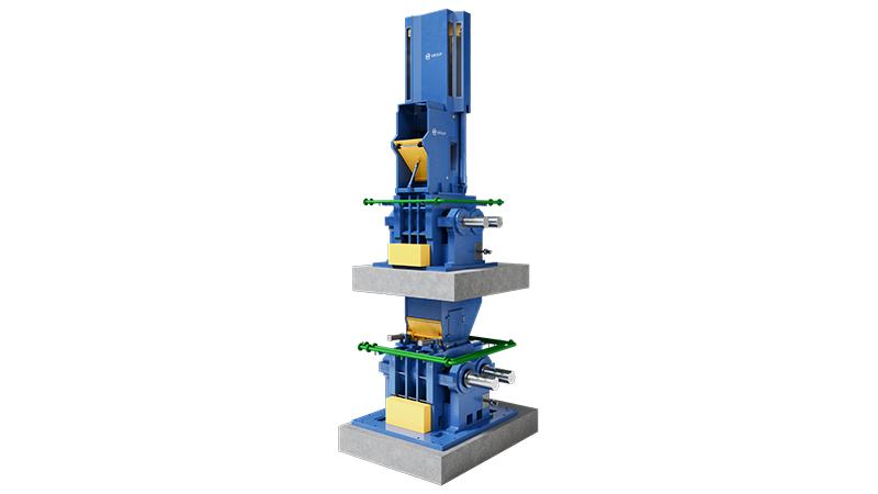 Tall blue industrial mixer with two levels.