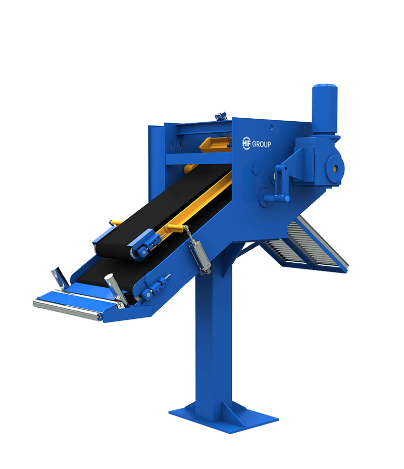 Blue rubber strip cutting machine with inclined conveyor belt, frame, and visible mechanical elements.