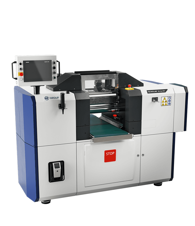 Compact laboratory mixing mill with rollers, control panel, and central feed area.