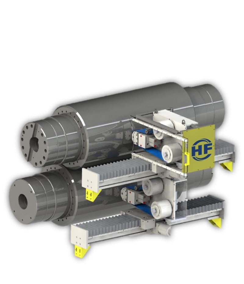 Mechanical assembly featuring large cylindrical rollers and layered components, marked with "HF" logo, against a white background.