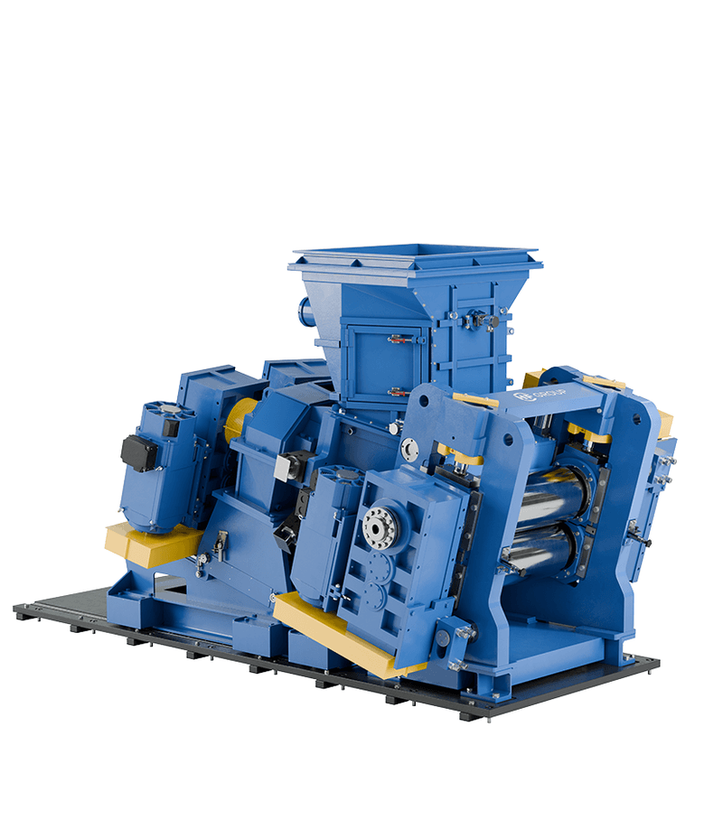 Blue twin-screw extruder with hopper inlet, rollers, and complex mechanical assemblies.