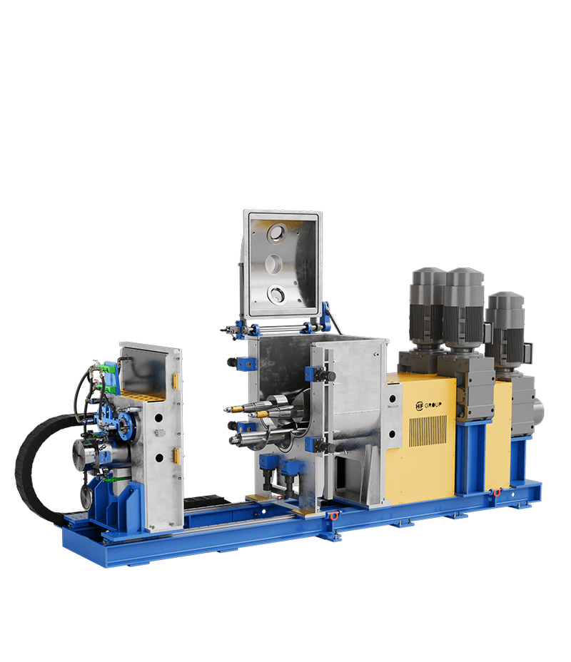 Industrial mixer with open housing, visible mixing shafts, and yellow safety guards.
