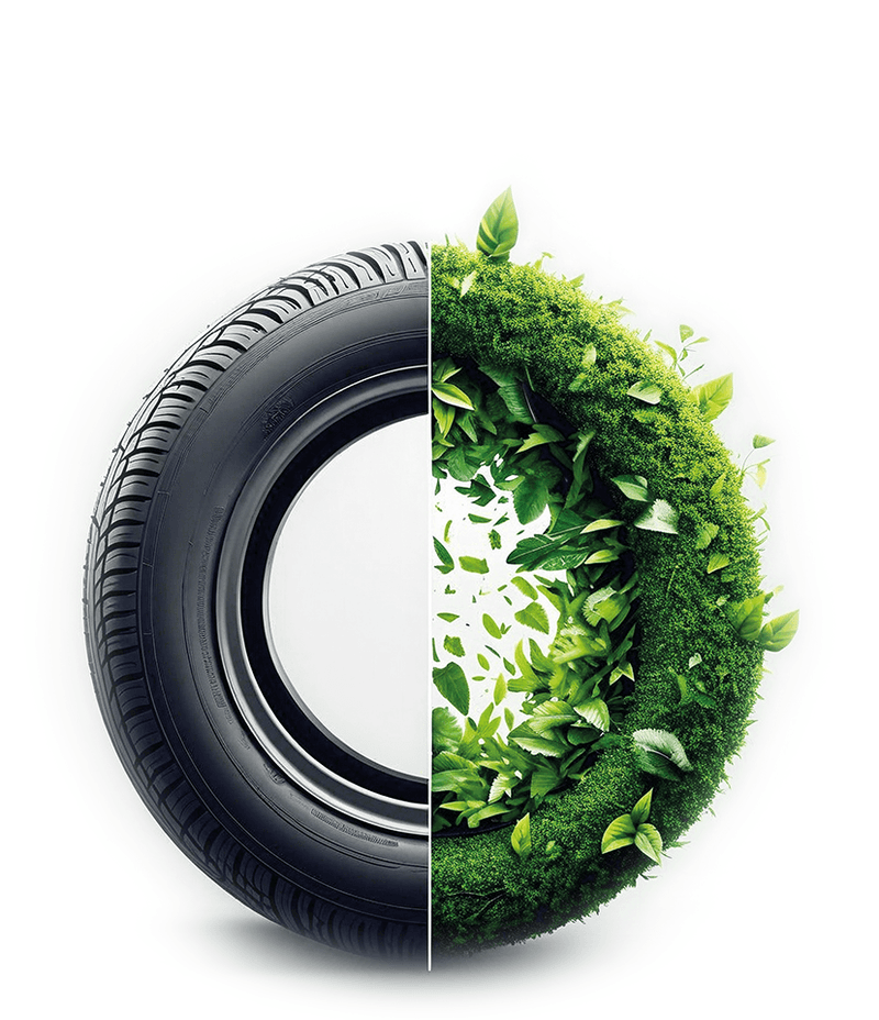 Half tyre graphic combined with green plant imagery.