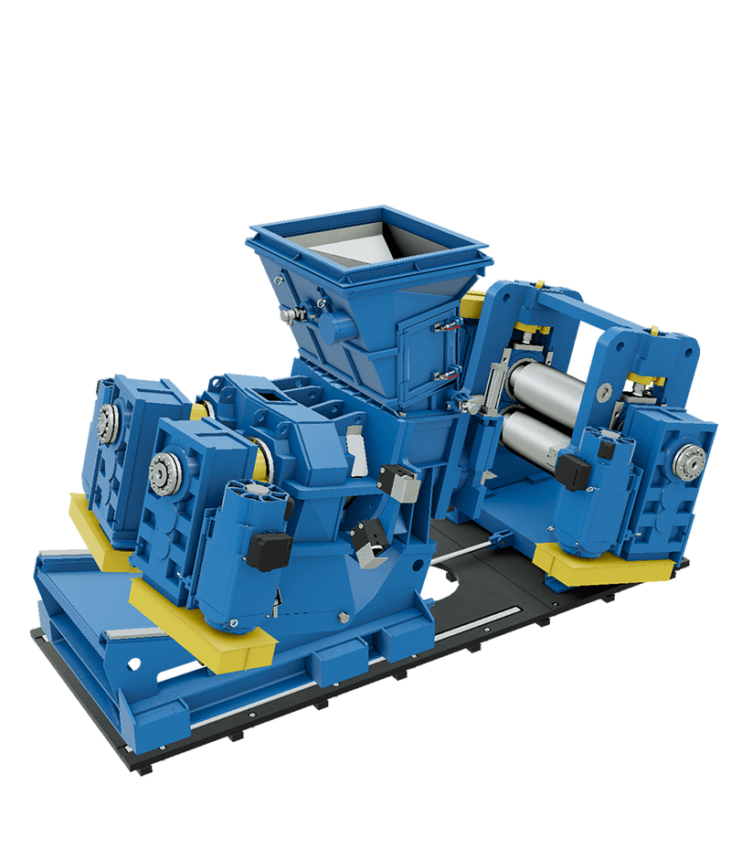 A blue industrial machine with a large hopper and rotating rollers, used for processing materials on a sturdy base.